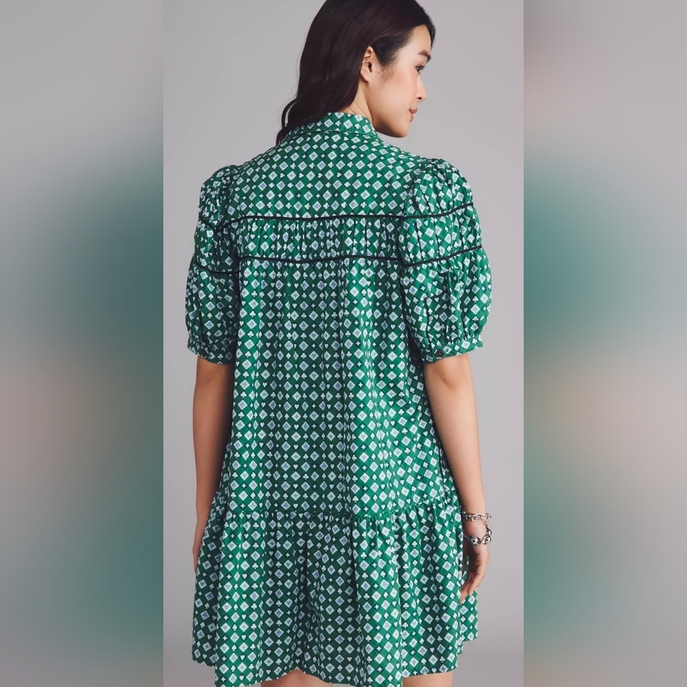Anthropologie Maeve Leandra Shirred Yoke Mini Dress Green Clubs Spades Motif - Picture 4 of 8